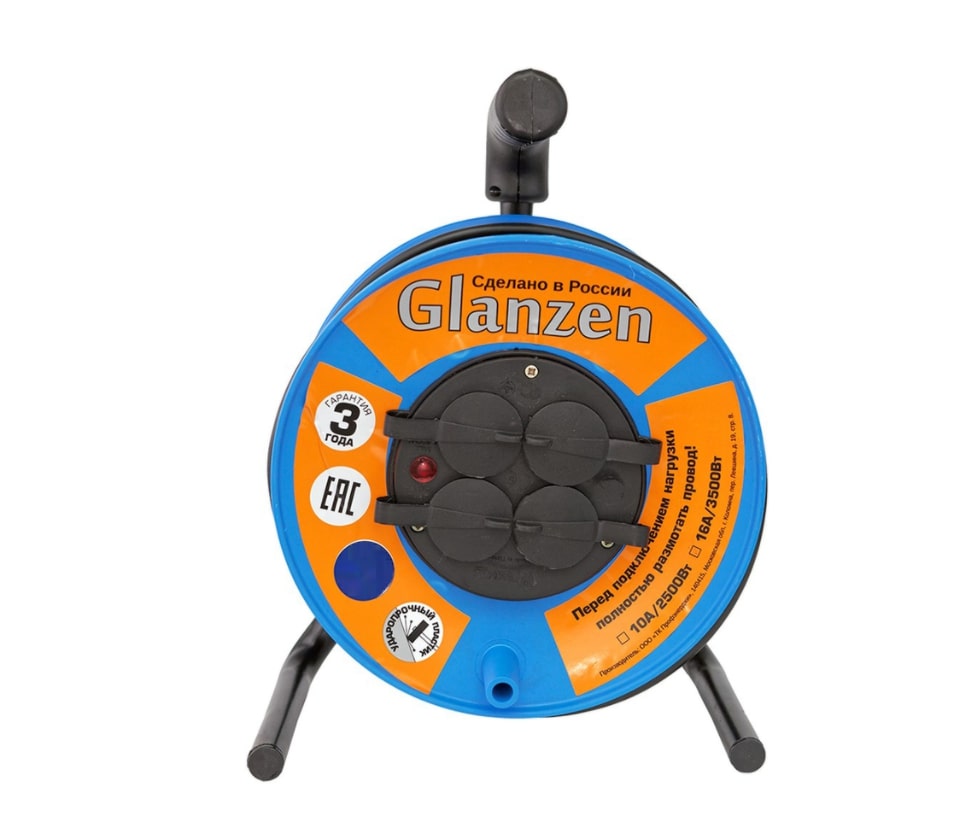 Удлинитель силовой на катушке GLANZEN 4 гн. ПВС 3х1,5 IP44 арт. EB-30-020