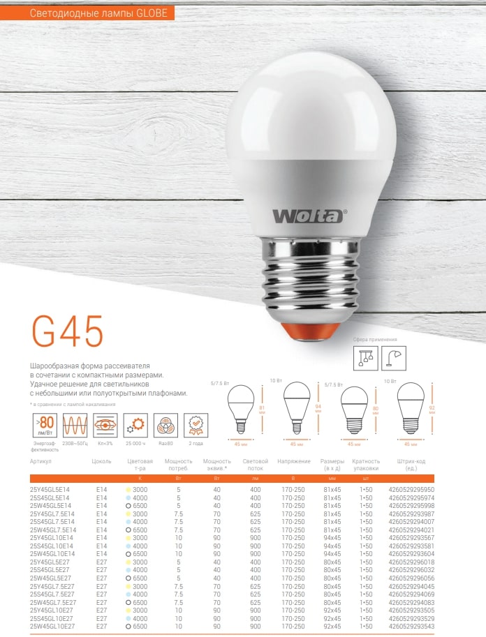 Светодиодная лампа WOLTA 25Y45GL10E14 "Шар" G45 10Вт 825лм 3000К Е14 1/50