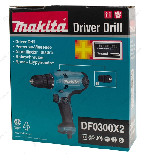 Шуруповерт сетевой Makita DF0300X2 320 Вт, 10 мм, + набор бит D-30651, 11 предметов