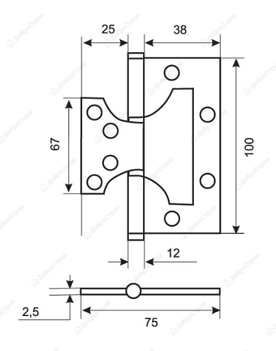 Петля стальная 100*75*2,5, 2 подш., б/колп., черный никель (б/в)